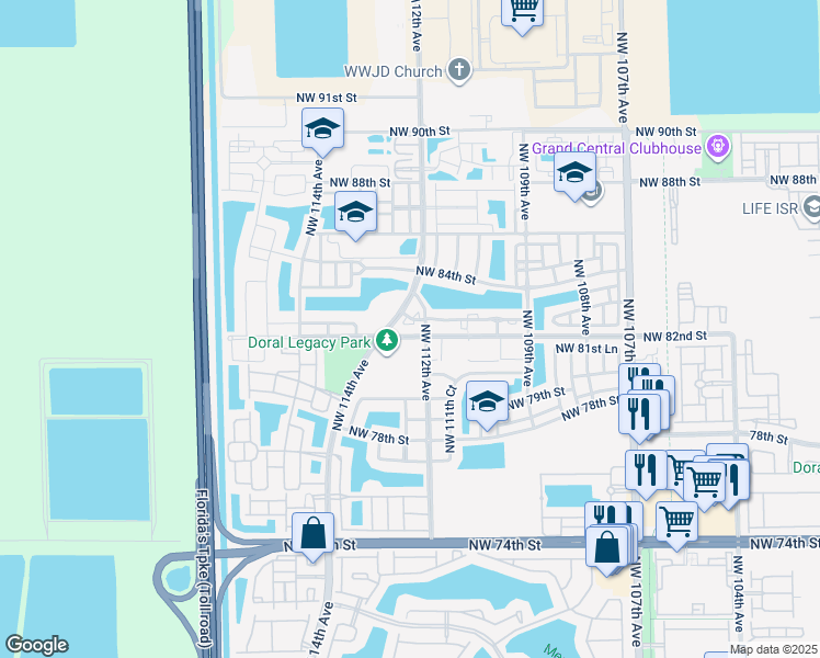 map of restaurants, bars, coffee shops, grocery stores, and more near 11202 Northwest 83rd Street in Doral