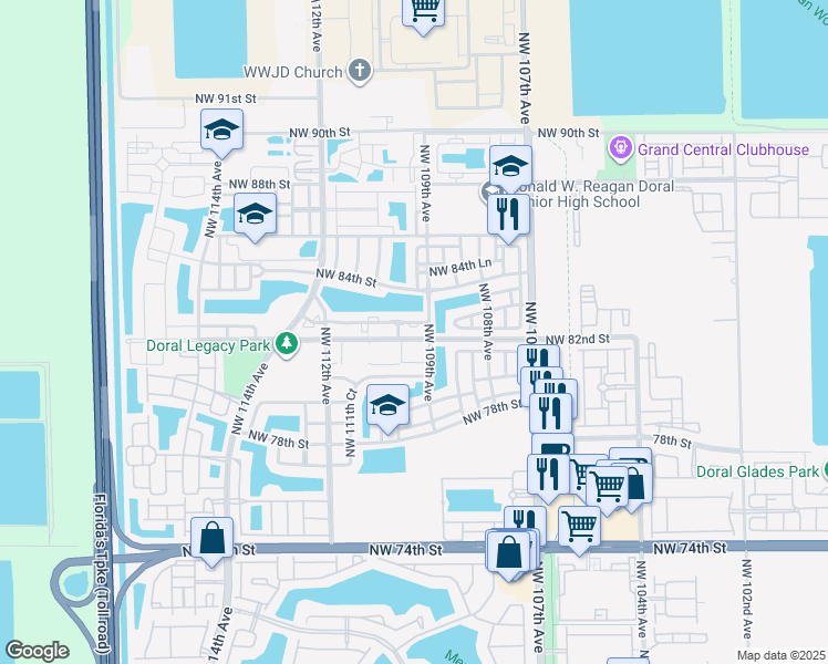 map of restaurants, bars, coffee shops, grocery stores, and more near 10902 Northwest 83rd Street in Doral