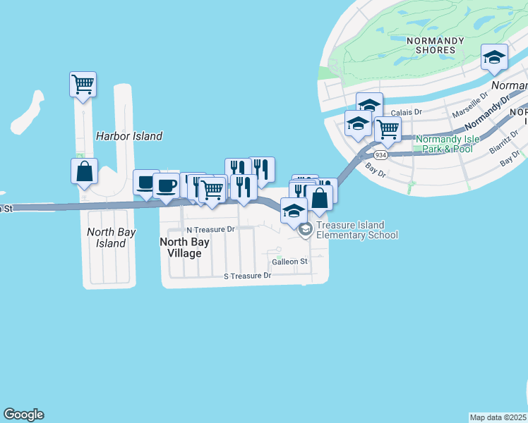 map of restaurants, bars, coffee shops, grocery stores, and more near 7901 Hispanola Avenue in North Bay Village