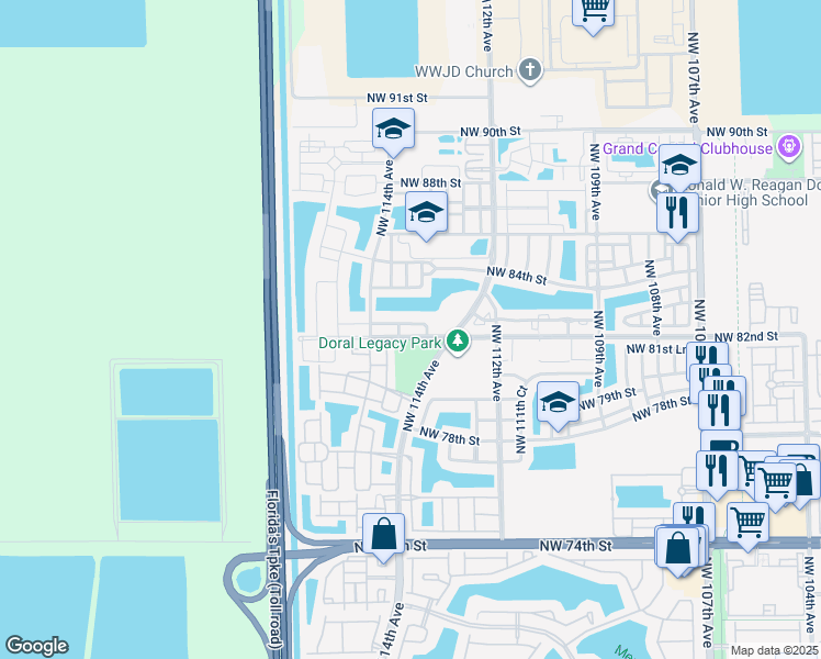 map of restaurants, bars, coffee shops, grocery stores, and more near 11360 Northwest 82nd Terrace in Doral