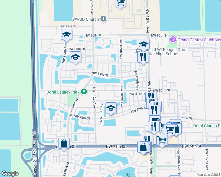 map of restaurants, bars, coffee shops, grocery stores, and more near 11002 Northwest 83rd Street in Doral