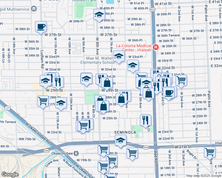map of restaurants, bars, coffee shops, grocery stores, and more near 2930 West 7th Avenue in Hialeah