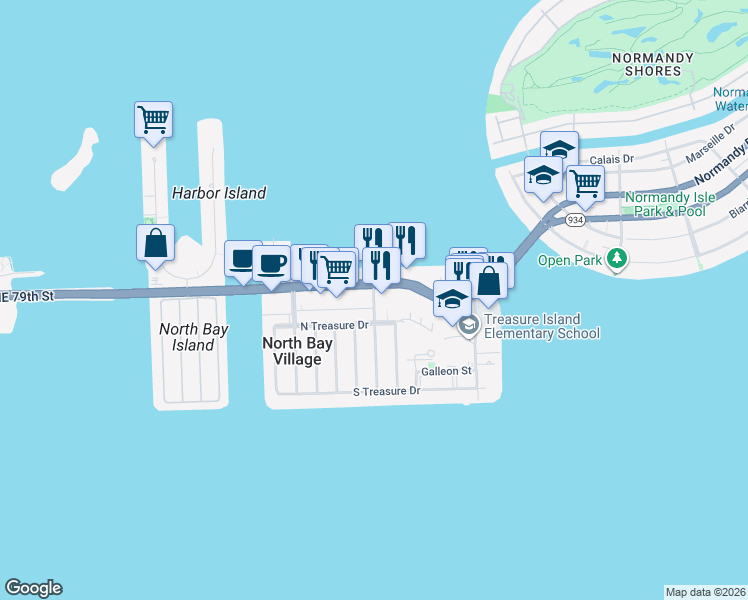 map of restaurants, bars, coffee shops, grocery stores, and more near 1666 79th Street Causeway in North Bay Village