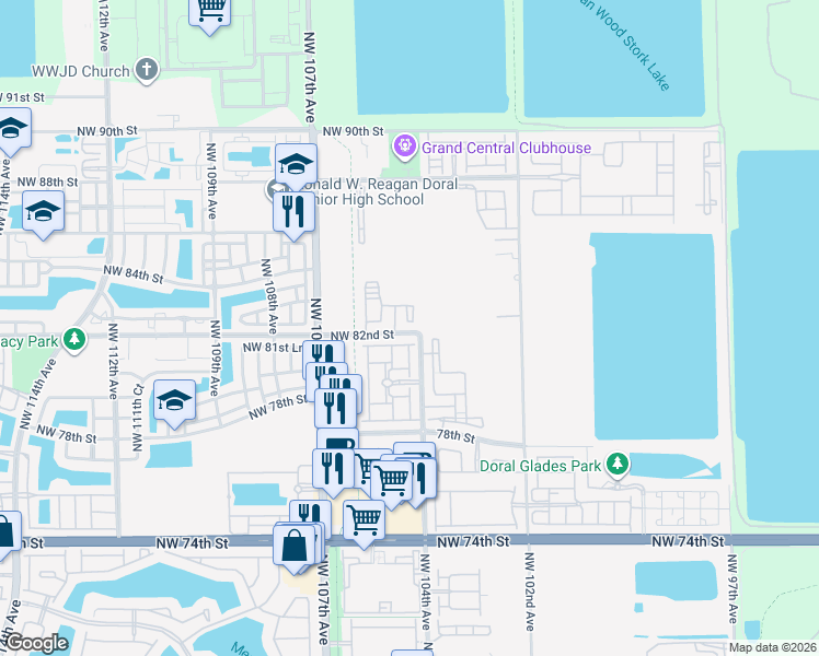 map of restaurants, bars, coffee shops, grocery stores, and more near 10401 Northwest 82nd Street in Doral