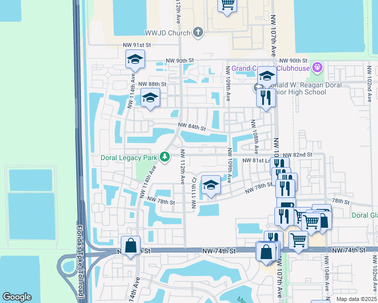 map of restaurants, bars, coffee shops, grocery stores, and more near 11102 Northwest 83rd Street in Doral