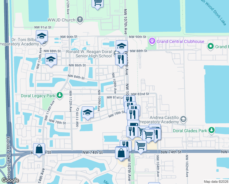 map of restaurants, bars, coffee shops, grocery stores, and more near 10950 Northwest 82nd Street in Doral