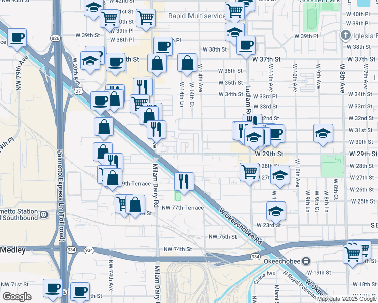 map of restaurants, bars, coffee shops, grocery stores, and more near 1479 West 29th Street in Hialeah