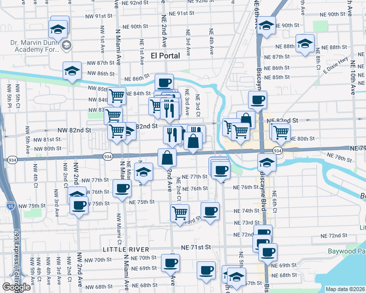 map of restaurants, bars, coffee shops, grocery stores, and more near 259 Northeast 79th Street in Miami