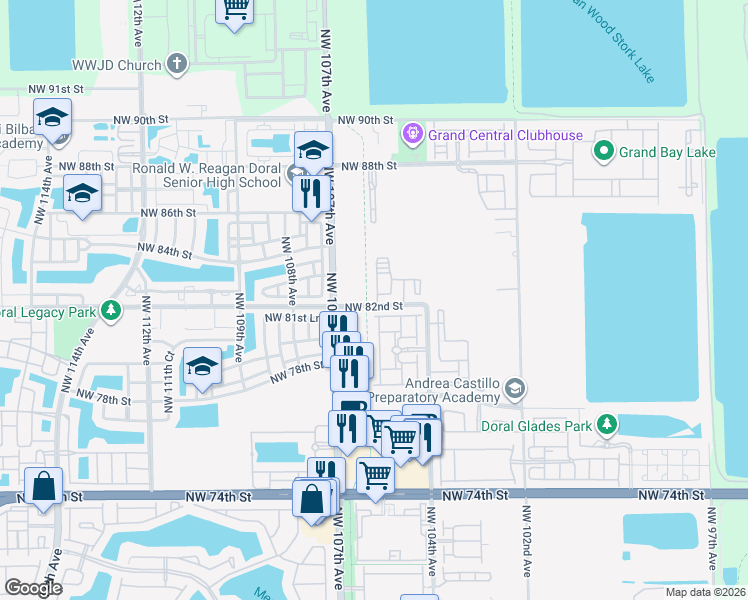map of restaurants, bars, coffee shops, grocery stores, and more near 10419 Northwest 82nd Street in Doral