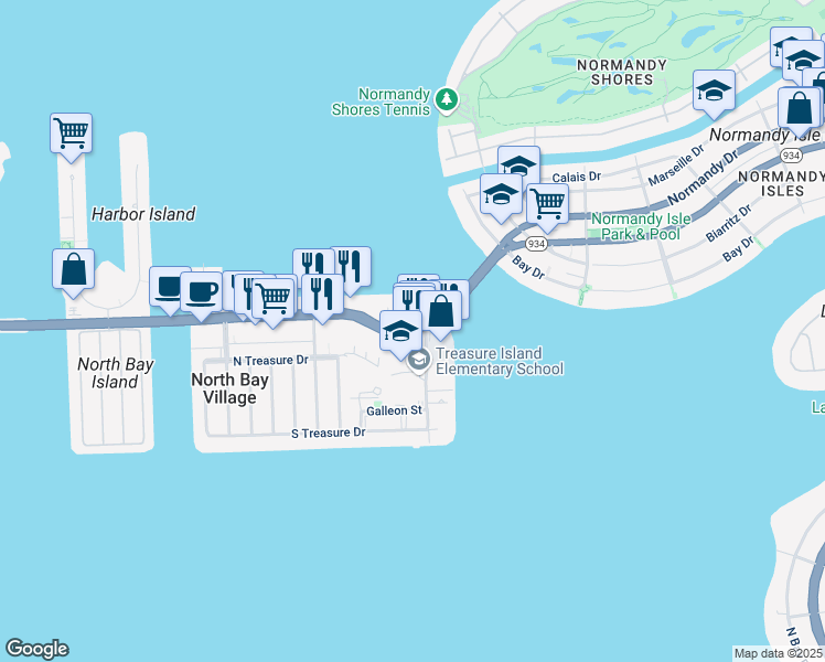 map of restaurants, bars, coffee shops, grocery stores, and more near in North Bay Village