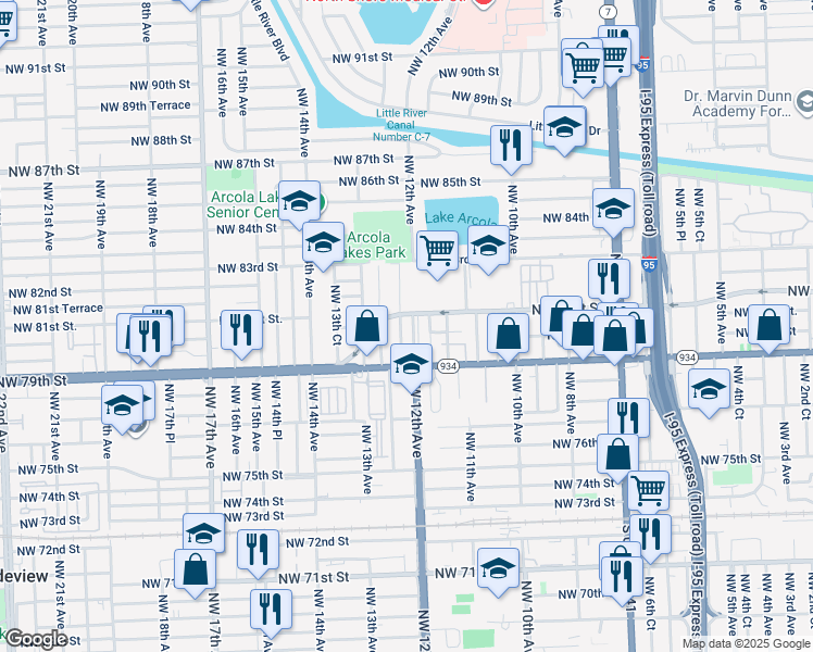 map of restaurants, bars, coffee shops, grocery stores, and more near 1151-1175 Northwest 79th Street in Miami