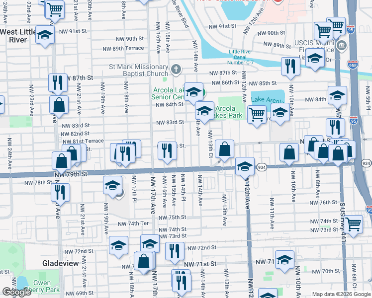 map of restaurants, bars, coffee shops, grocery stores, and more near 8000 Northwest 14th Place in Miami