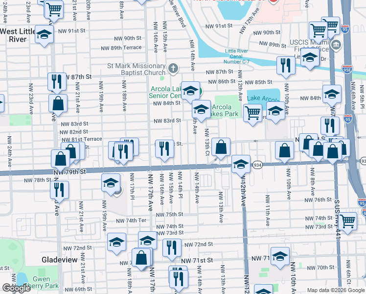 map of restaurants, bars, coffee shops, grocery stores, and more near 8000 Northwest 14th Place in Miami