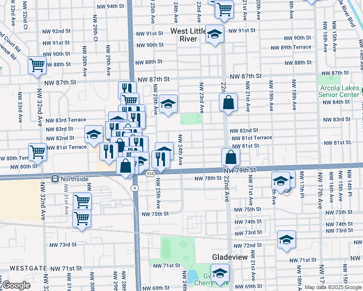 map of restaurants, bars, coffee shops, grocery stores, and more near in Miami