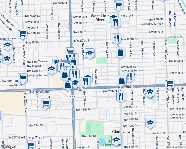 map of restaurants, bars, coffee shops, grocery stores, and more near in Miami