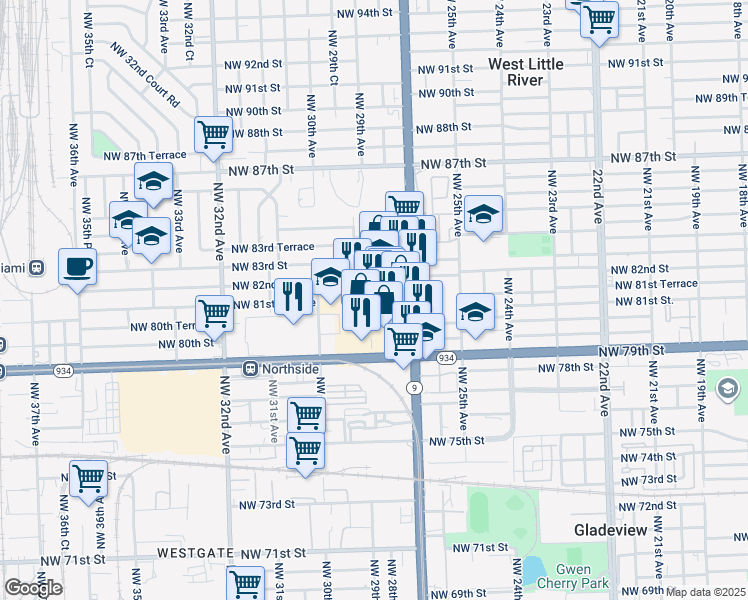 map of restaurants, bars, coffee shops, grocery stores, and more near 7900 Northwest 27th Avenue in Miami