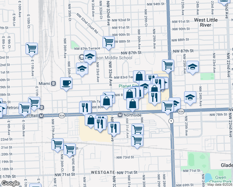 map of restaurants, bars, coffee shops, grocery stores, and more near 8120 Northwest 32nd Avenue in Miami