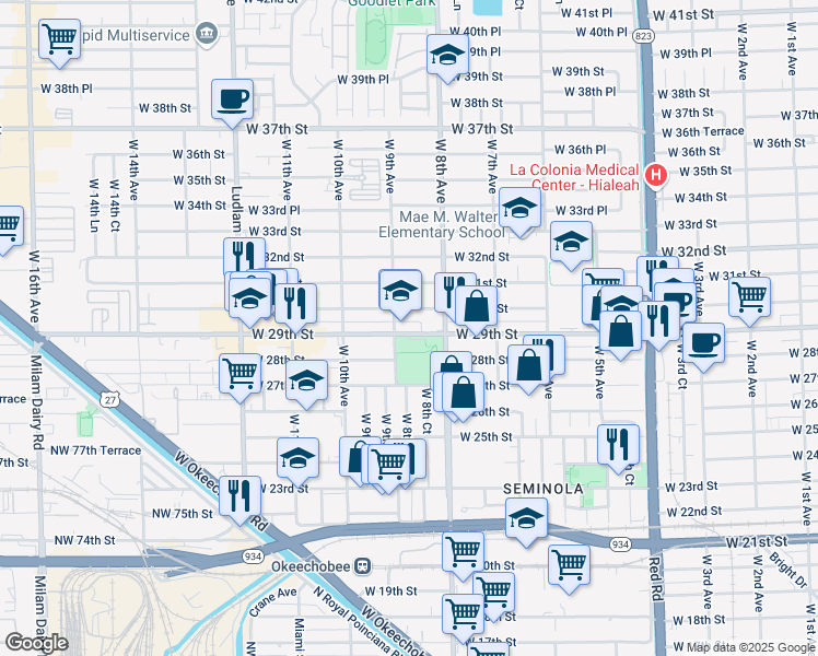 map of restaurants, bars, coffee shops, grocery stores, and more near 877 West 29th Street in Hialeah