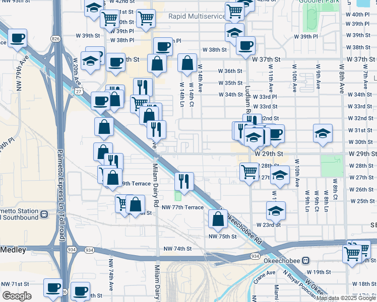 map of restaurants, bars, coffee shops, grocery stores, and more near 1479 West 29th Street in Hialeah