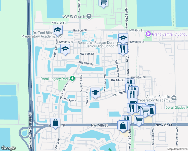 map of restaurants, bars, coffee shops, grocery stores, and more near 11002 Northwest 83rd Street in Doral