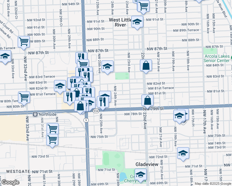 map of restaurants, bars, coffee shops, grocery stores, and more near in Miami