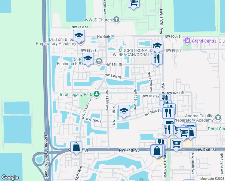 map of restaurants, bars, coffee shops, grocery stores, and more near 11102 Northwest 83rd Street in Doral