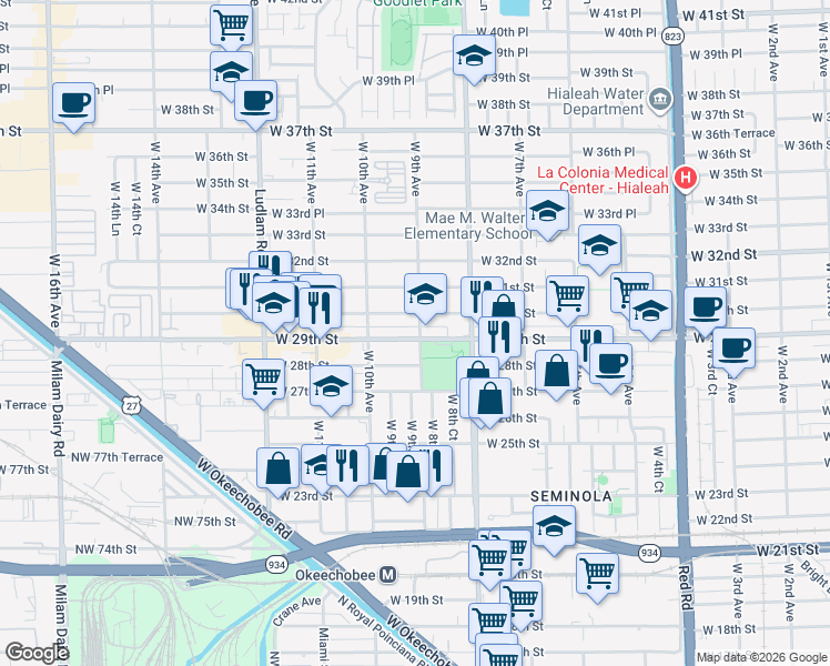 map of restaurants, bars, coffee shops, grocery stores, and more near 905 West 29th Street in Hialeah