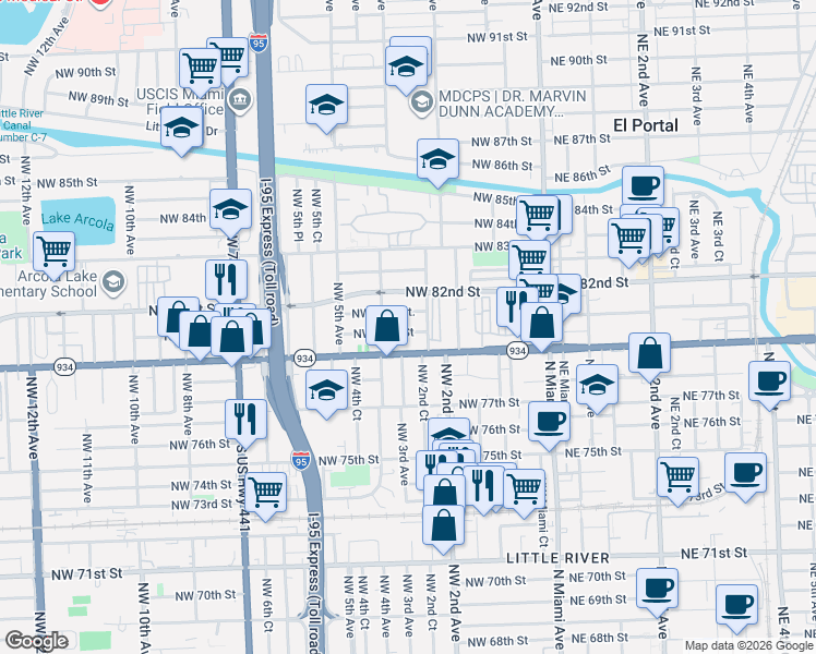 map of restaurants, bars, coffee shops, grocery stores, and more near 242 Northwest 80th Street in Miami
