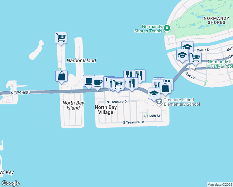 map of restaurants, bars, coffee shops, grocery stores, and more near 1580 John F Kennedy Causeway in North Bay Village