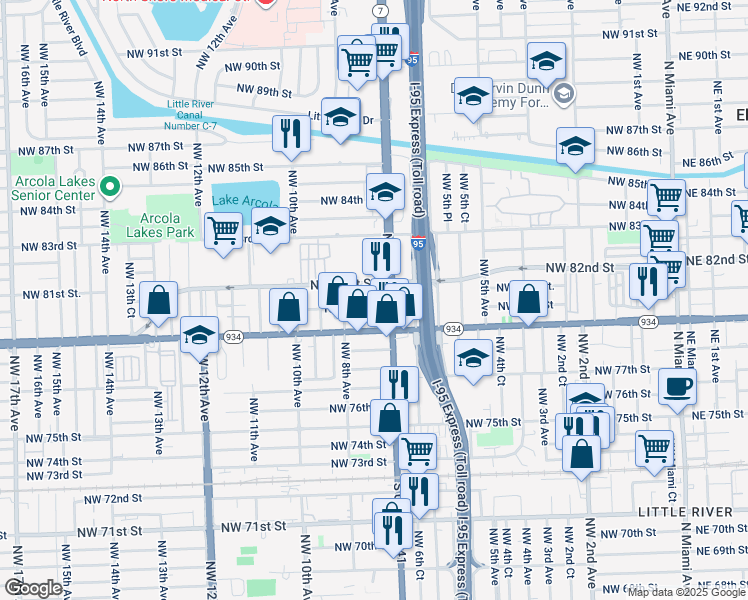 map of restaurants, bars, coffee shops, grocery stores, and more near 8020 Northwest 7th Avenue in Miami