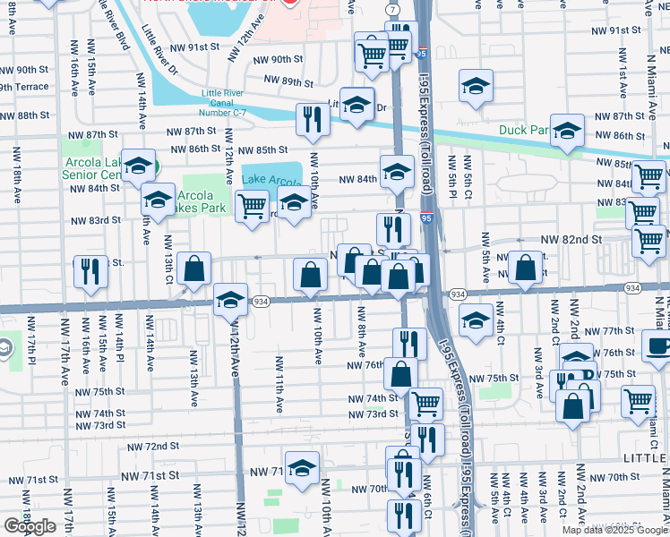 map of restaurants, bars, coffee shops, grocery stores, and more near 913 Northwest 80th Street in Miami