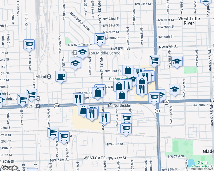 map of restaurants, bars, coffee shops, grocery stores, and more near 8120 Northwest 32nd Avenue in Miami