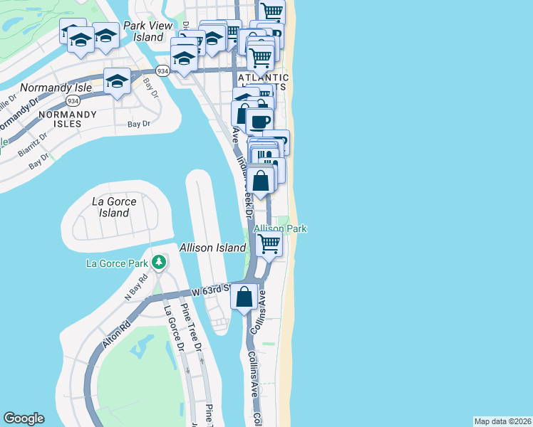 map of restaurants, bars, coffee shops, grocery stores, and more near 6490 Collins Avenue in Miami Beach