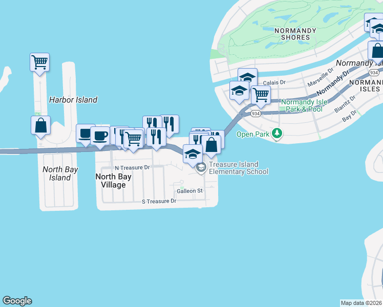 map of restaurants, bars, coffee shops, grocery stores, and more near 1800 John F Kennedy Causeway in North Bay Village