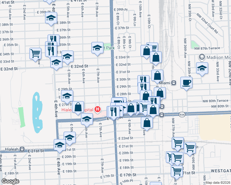 map of restaurants, bars, coffee shops, grocery stores, and more near 2780 East 8th Avenue in Hialeah