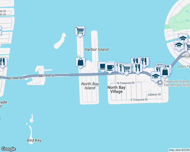 map of restaurants, bars, coffee shops, grocery stores, and more near 7904 Beachview Drive in Miami Beach