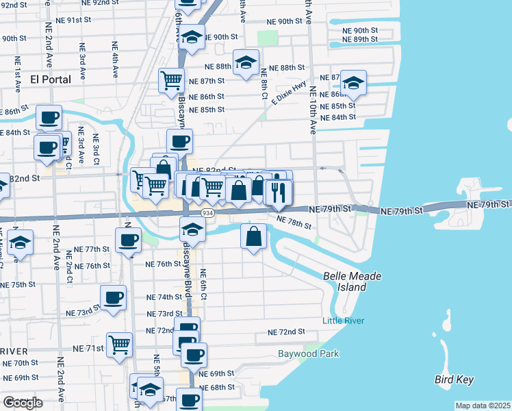 map of restaurants, bars, coffee shops, grocery stores, and more near 755 Northeast 79th Street in Miami
