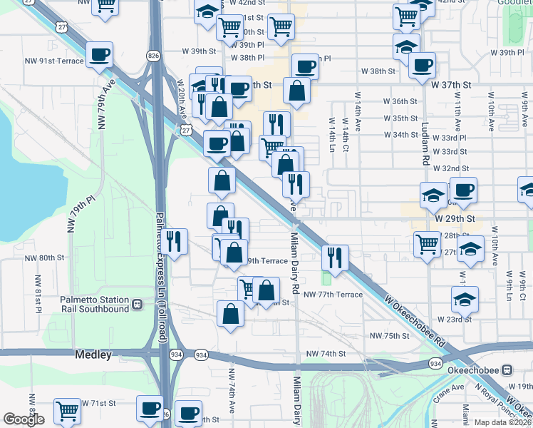 map of restaurants, bars, coffee shops, grocery stores, and more near 8224 Northwest South River Drive in Medley