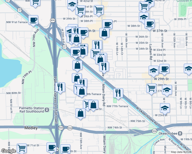 map of restaurants, bars, coffee shops, grocery stores, and more near 8224 Northwest South River Drive in Medley