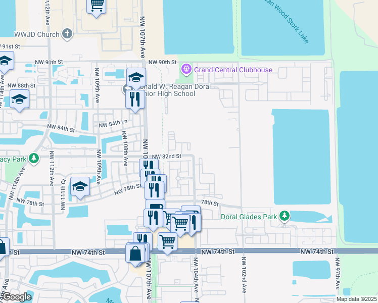 map of restaurants, bars, coffee shops, grocery stores, and more near 10401 Northwest 82nd Street in Doral