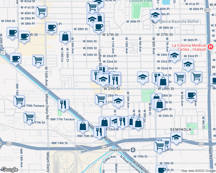 map of restaurants, bars, coffee shops, grocery stores, and more near 1167 West 29th Street in Hialeah