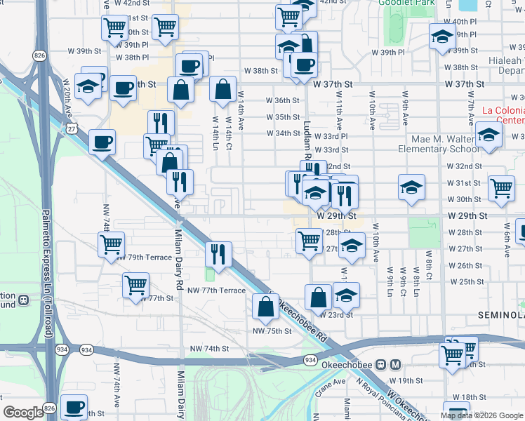 map of restaurants, bars, coffee shops, grocery stores, and more near 111 West 29th Street in Hialeah