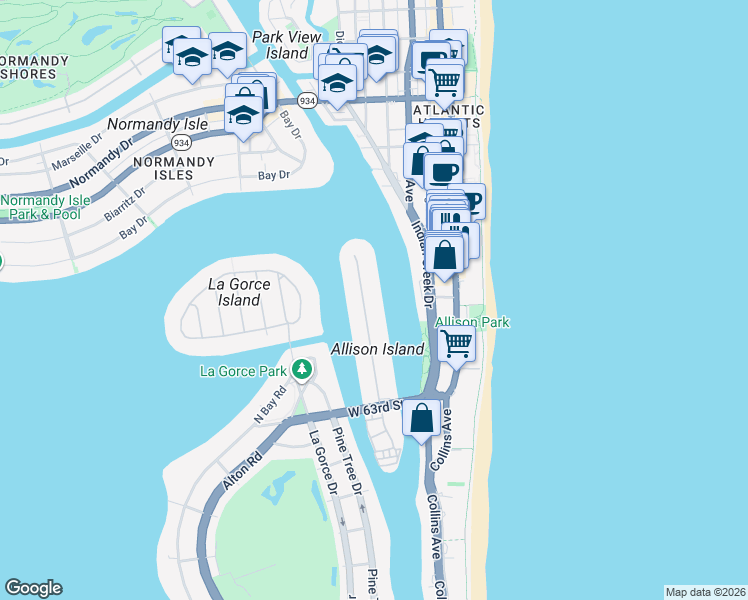map of restaurants, bars, coffee shops, grocery stores, and more near 6505 Allison Road in Miami Beach