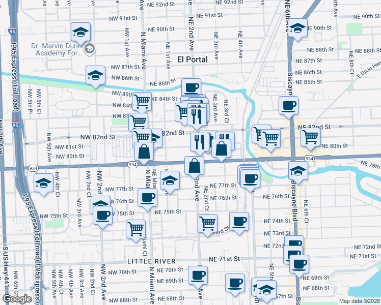 map of restaurants, bars, coffee shops, grocery stores, and more near in Miami