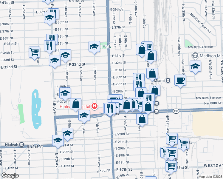 map of restaurants, bars, coffee shops, grocery stores, and more near 2780 East 8th Avenue in Hialeah