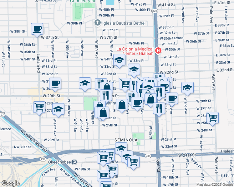 map of restaurants, bars, coffee shops, grocery stores, and more near 620 West 29th Street in Hialeah
