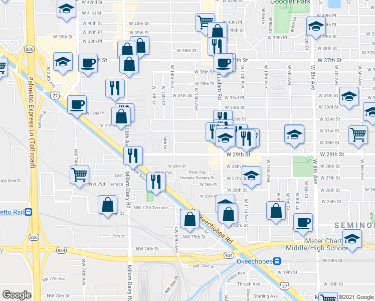 map of restaurants, bars, coffee shops, grocery stores, and more near 111 West 29th Street in Hialeah
