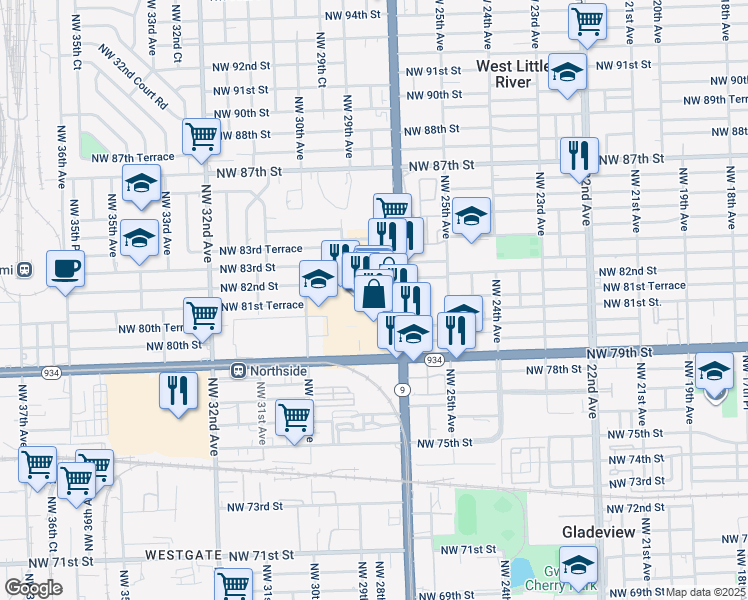 map of restaurants, bars, coffee shops, grocery stores, and more near 7900 Northwest 27th Avenue in Miami