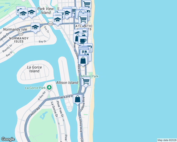 map of restaurants, bars, coffee shops, grocery stores, and more near 6515 Collins Avenue in Miami