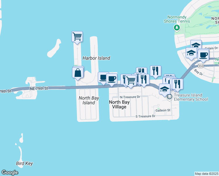 map of restaurants, bars, coffee shops, grocery stores, and more near 130 North Bay Causeway in North Bay Village